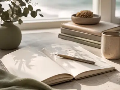 An open journal and pen in warm natural window light.