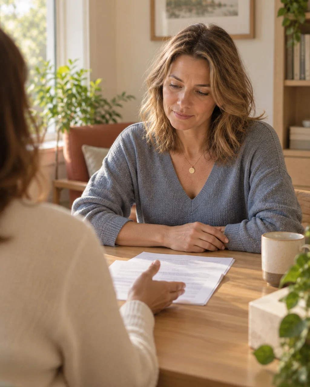 A woman listening as a psychologist, seen from behind, talks her through a written report on the table between them.