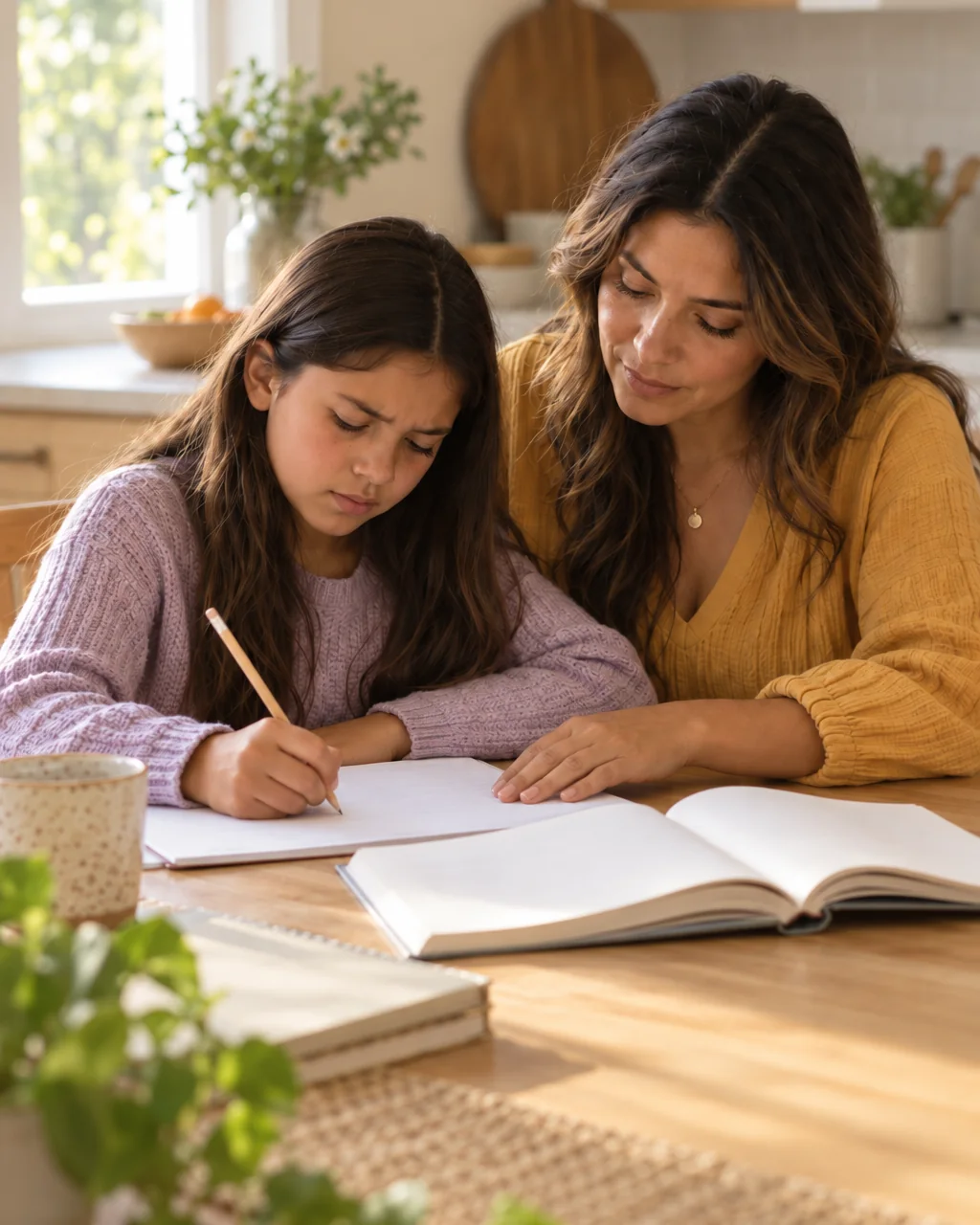 A mother sitting beside her daughter at a kitchen table, working through a page of schoolwork together.