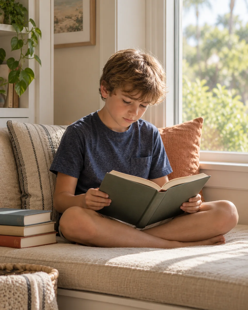 A boy reading a book cross-legged on a sunlit window seat.