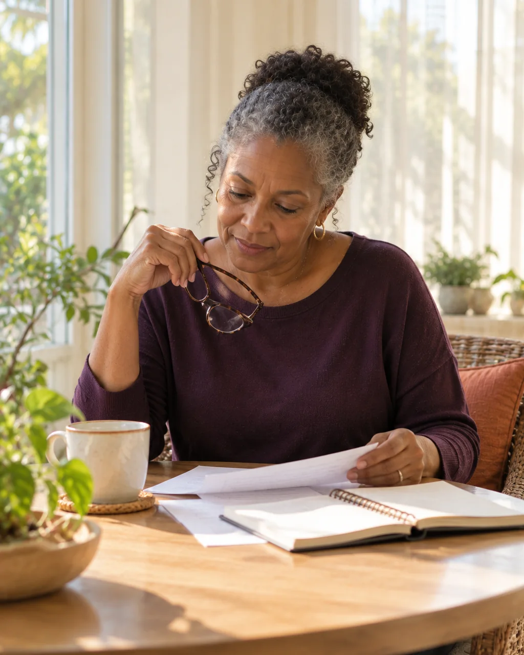 A woman reading printed pages at a table in a bright sunroom, her glasses in one hand.