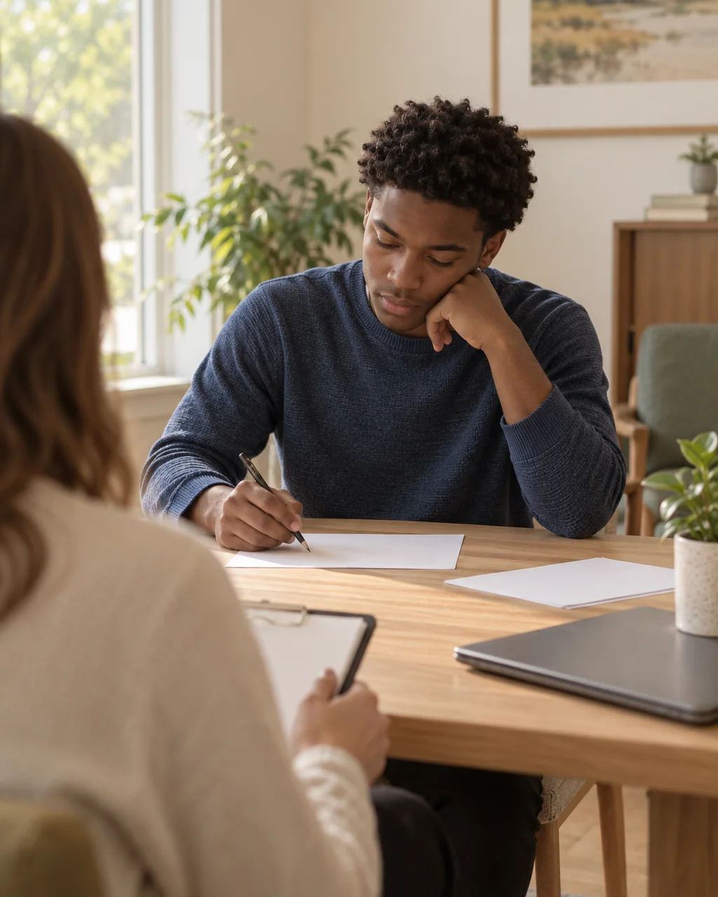 A young man working through a task at a table while a psychologist, seen from behind, takes notes.