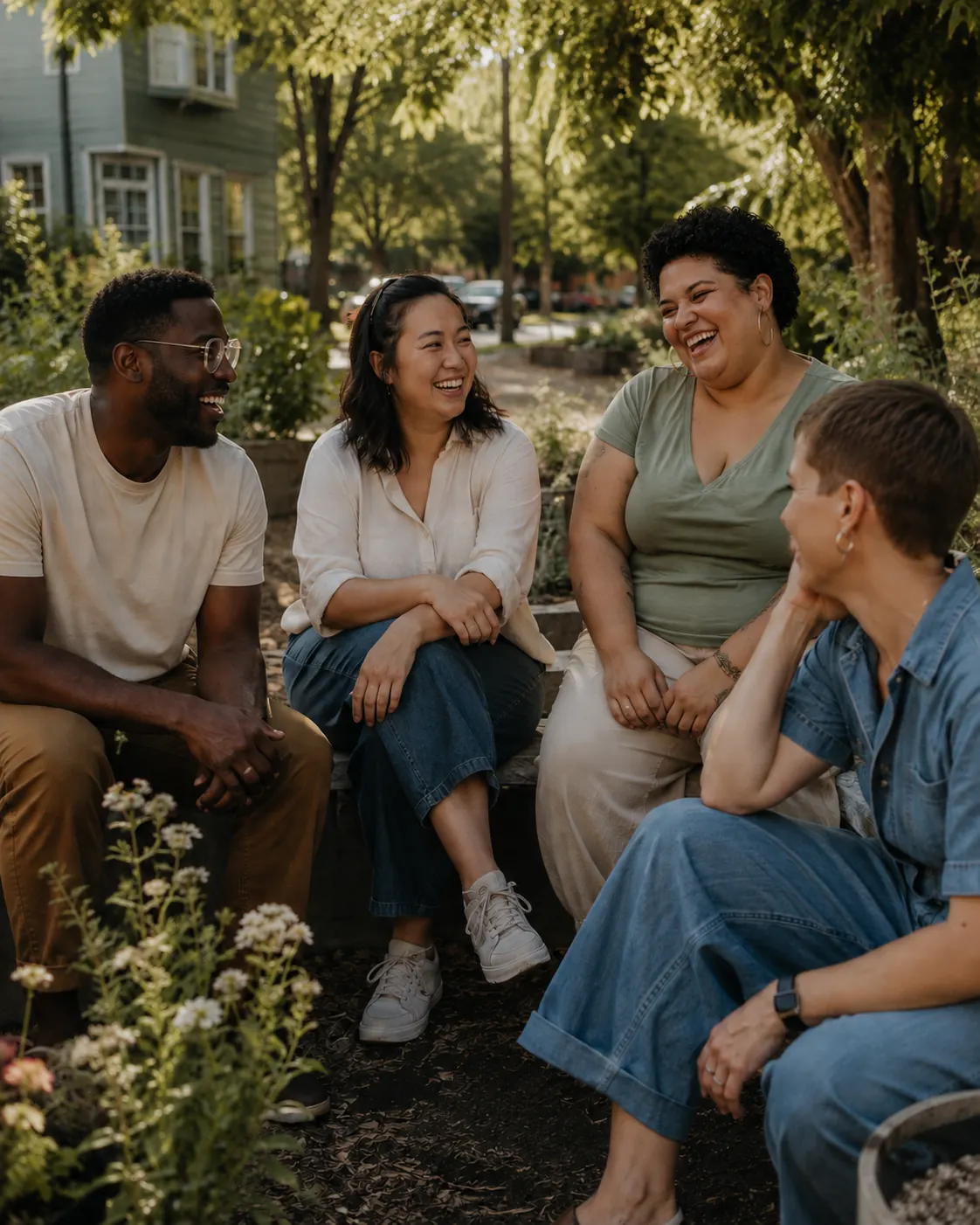Four adults talking and laughing together in a community garden.