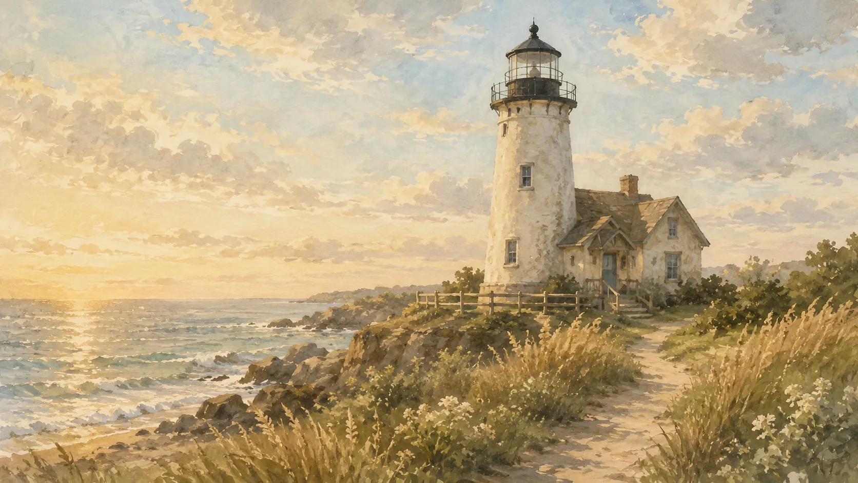 A watercolor of a lighthouse and keeper’s cottage above a rocky shore at sunrise.