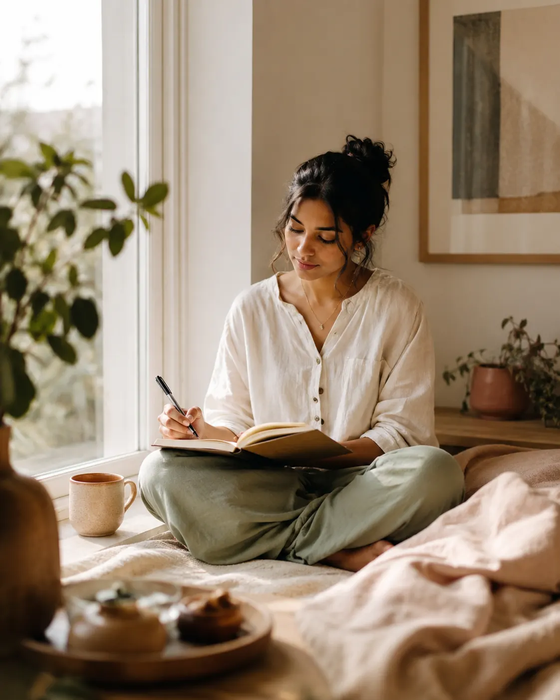A woman journaling cross-legged on a bed beside a bright window.