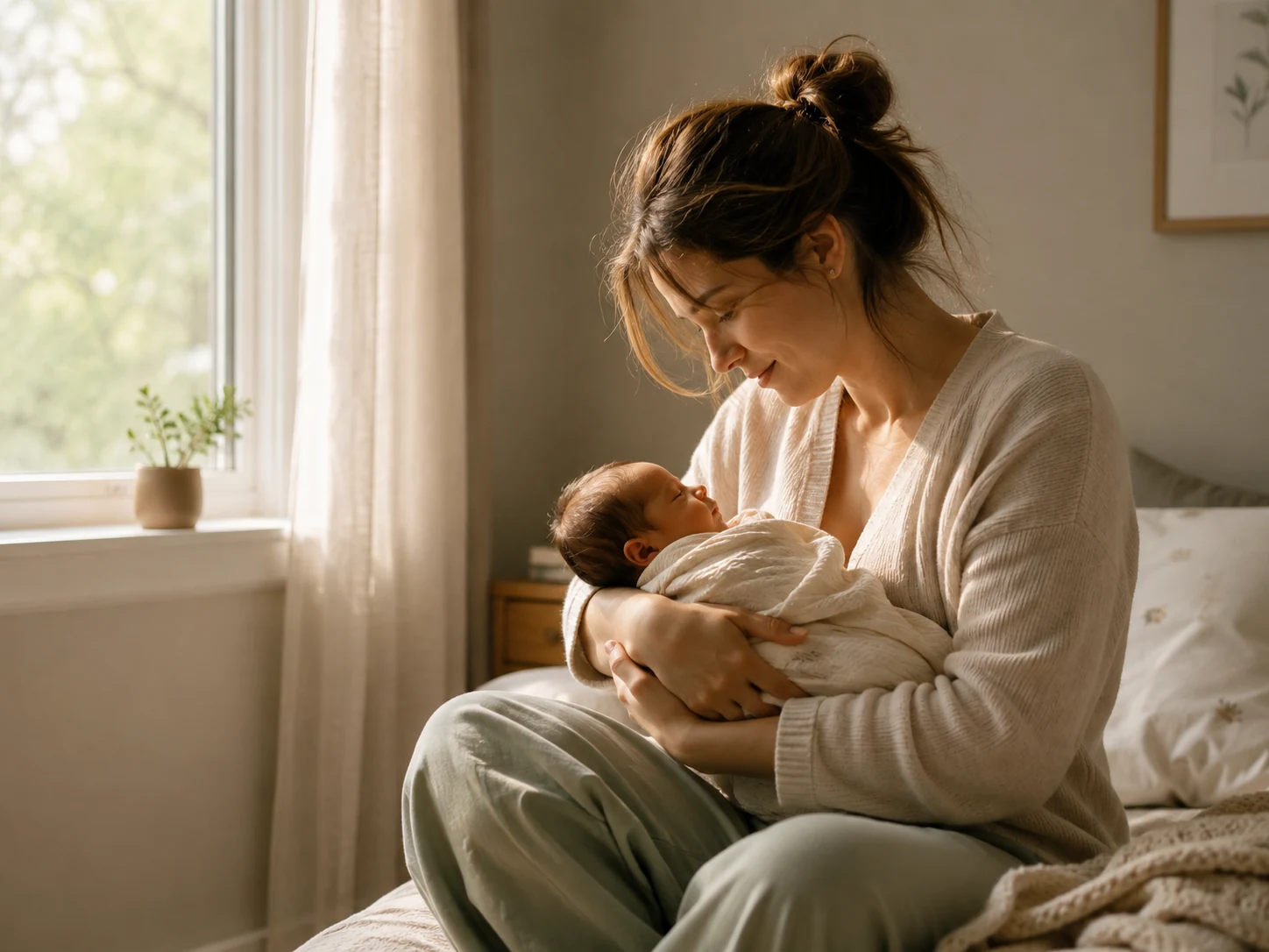 A mother sitting on a bed in morning light, holding her sleeping newborn.