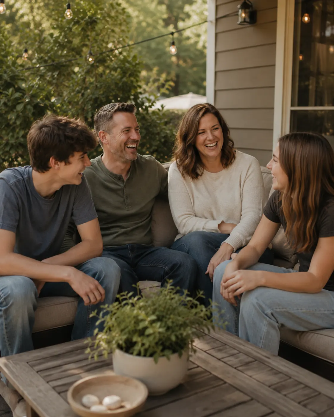 A family of four talking and laughing together on a porch sofa.