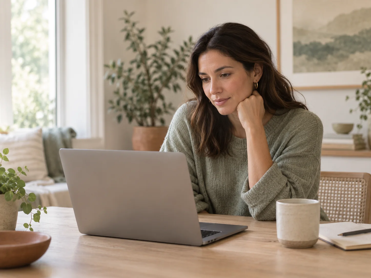 A woman at a laptop at her dining table at home, a mug and open notebook beside her.