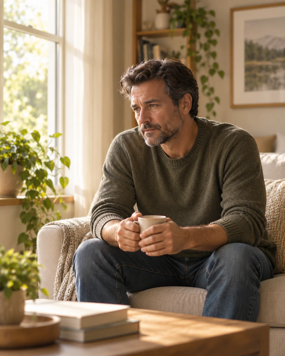 A man sitting with a mug of coffee in a sunlit living room, looking toward the window.