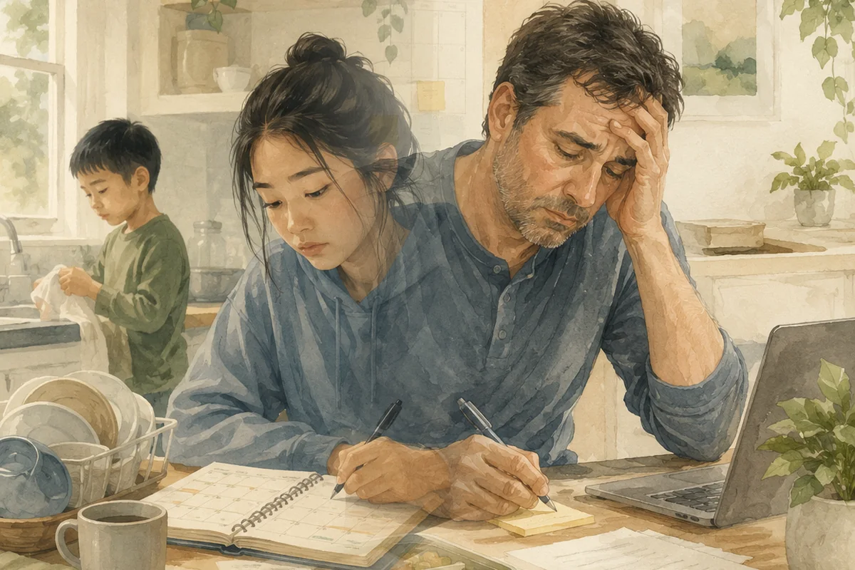 A working father sits with a laptop, planner, lunch container, and household calendar while a school-age child studies nearby in a warm family kitchen.
