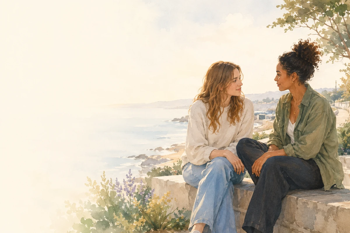 Two adult women sit together by the coast, facing one another in a warm and attentive conversation.