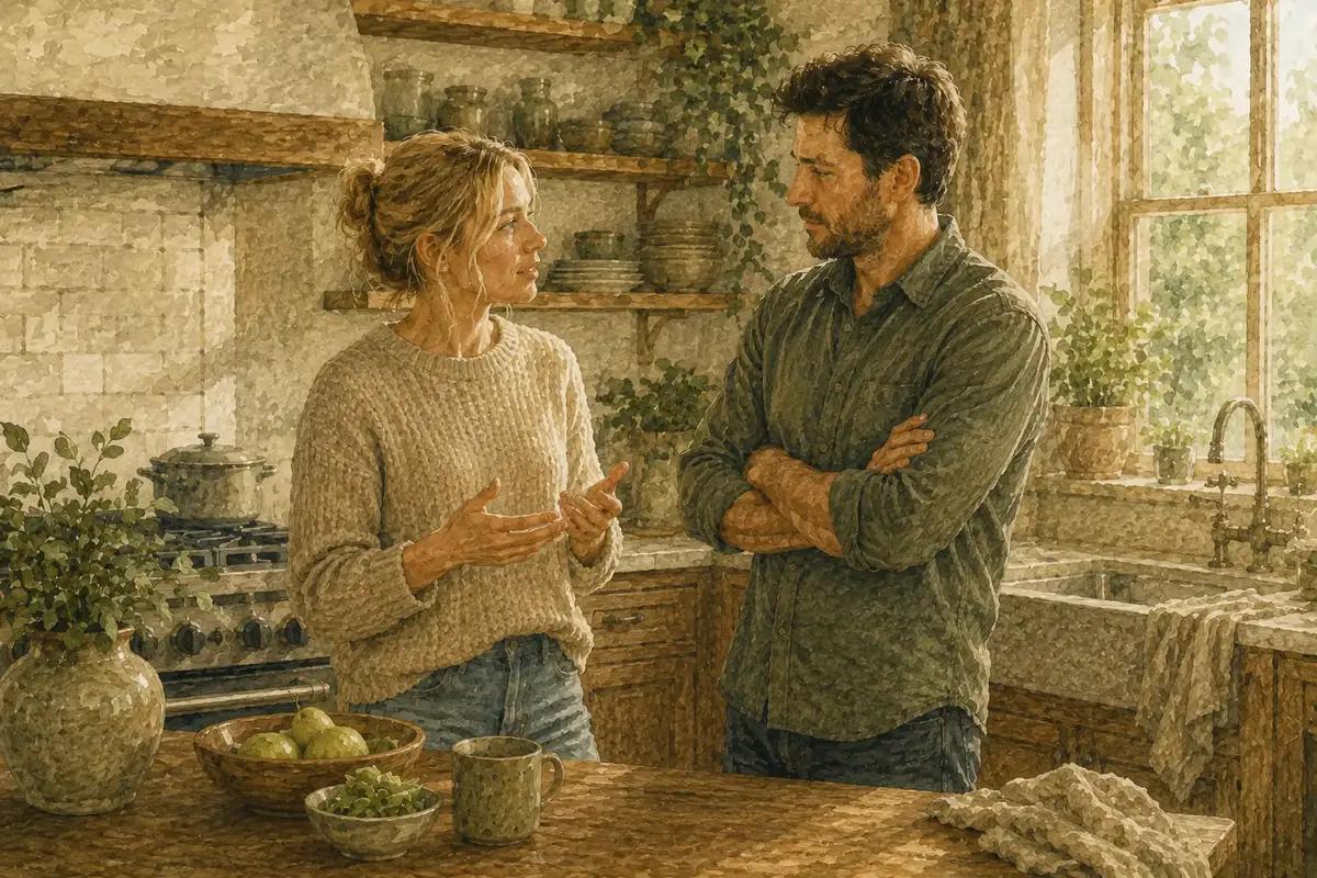 A woman and a man talk across a sunlit kitchen counter, she gesturing mid-sentence while he listens with his arms folded.