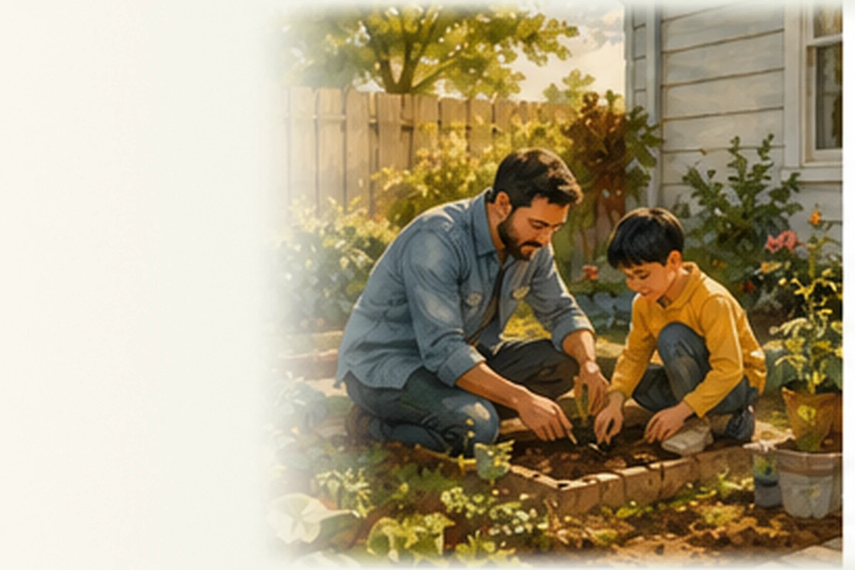 A father and young son work together in a backyard garden, focused on planting and learning side by side.