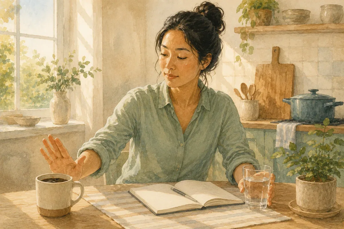 A woman gently pushes a coffee mug aside and reaches for a glass of water at a sunlit kitchen table with an open notebook nearby.
