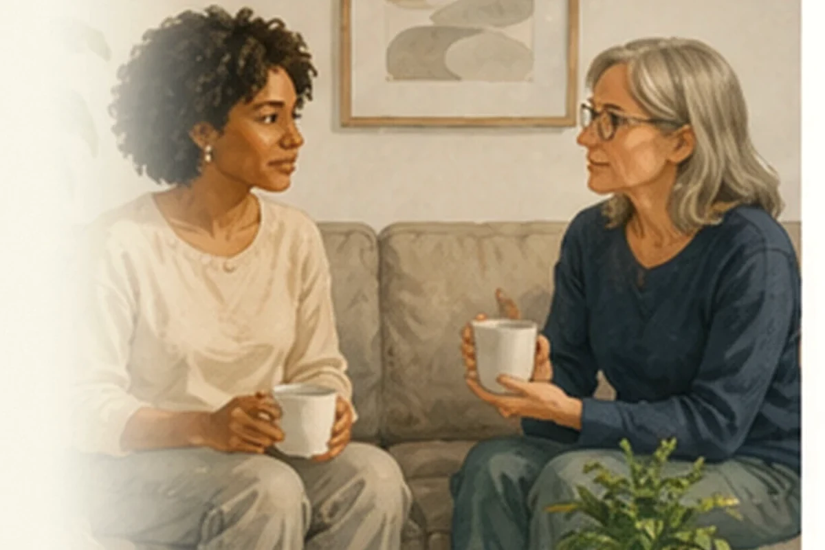 An adult daughter and her older mother sit together with mugs in a calm living room, sharing an attentive conversation beside soft furnishings and a houseplant.