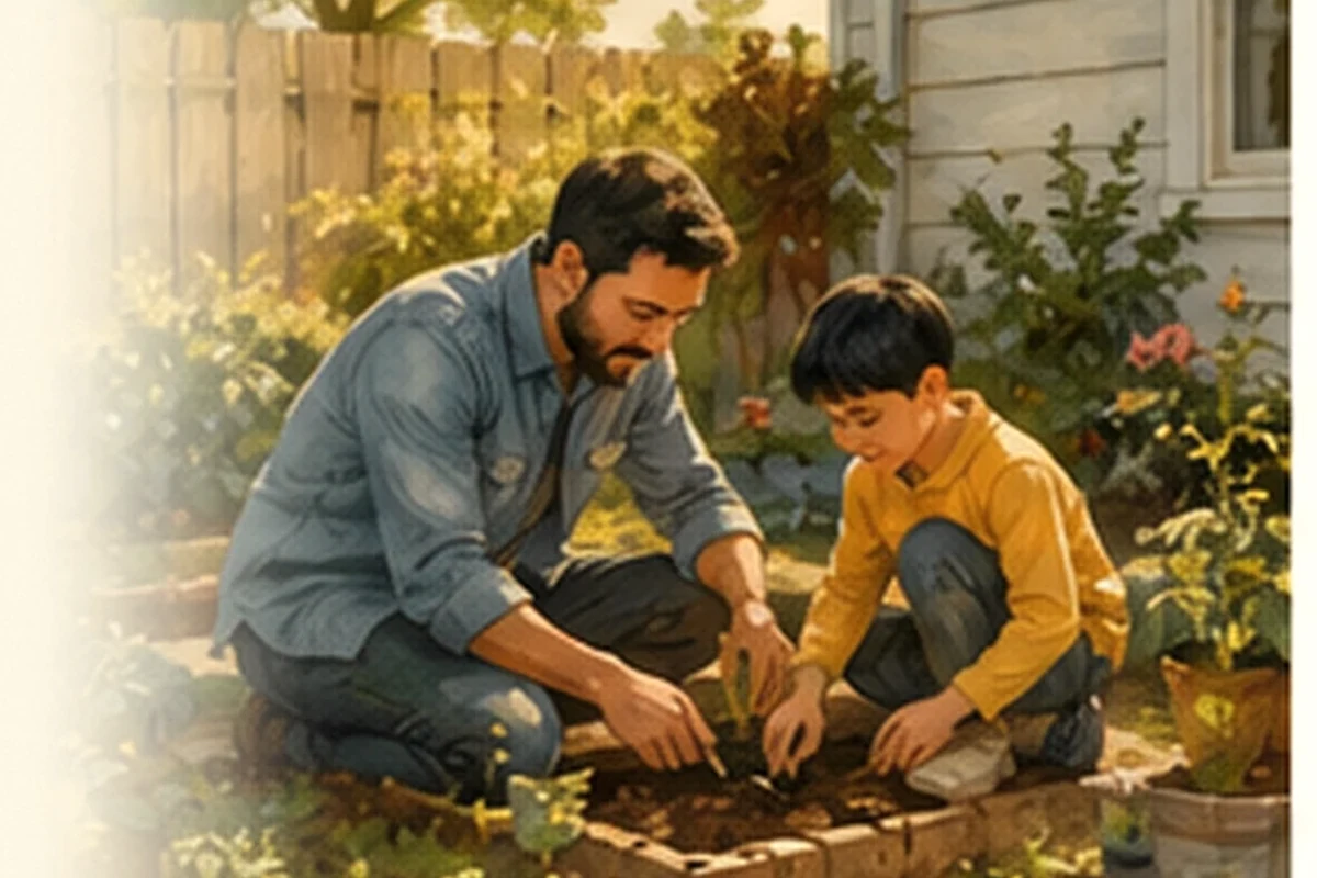 A father and young child kneel together in a sunny backyard garden, tending soil and seedlings side by side.