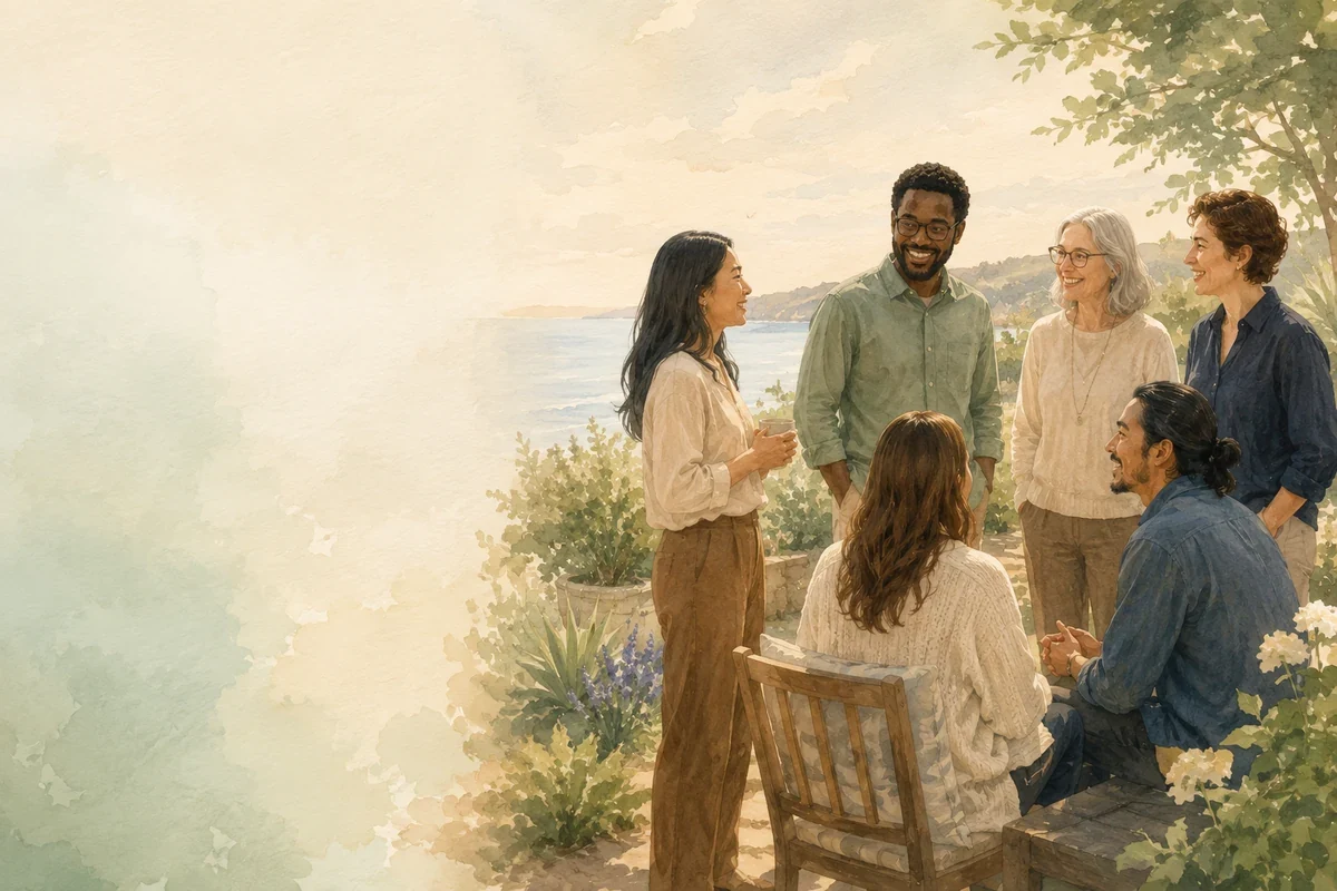 A diverse group of adults gathers in a sunlit coastal garden, smiling and talking together.