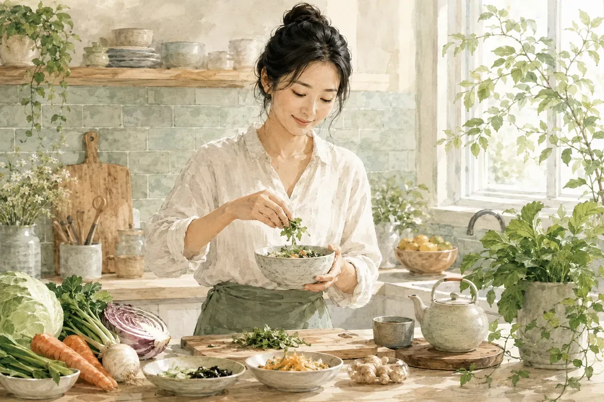 A woman prepares a colorful bowl of vegetables and herbs in a bright kitchen surrounded by fresh produce and plants.