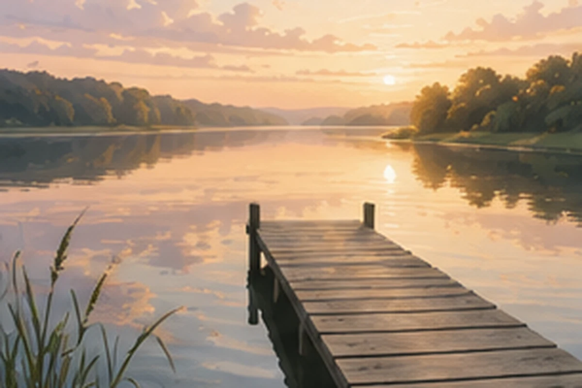 A quiet wooden dock extends into a calm lake at sunrise, surrounded by reeds and trees glowing in early light.