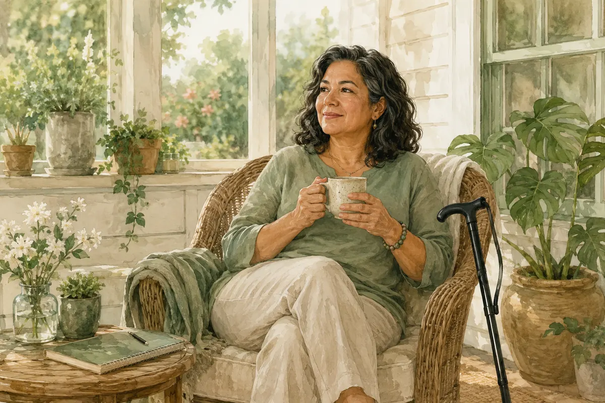 A woman rests with a mug in a plant-filled sunroom, with a cane beside her chair and a notebook on a nearby table.
