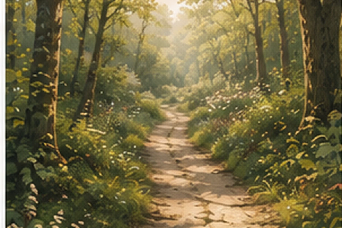A sunlit woodland path curves through dense green trees and low wildflowers, suggesting a gentle beginning to the day.