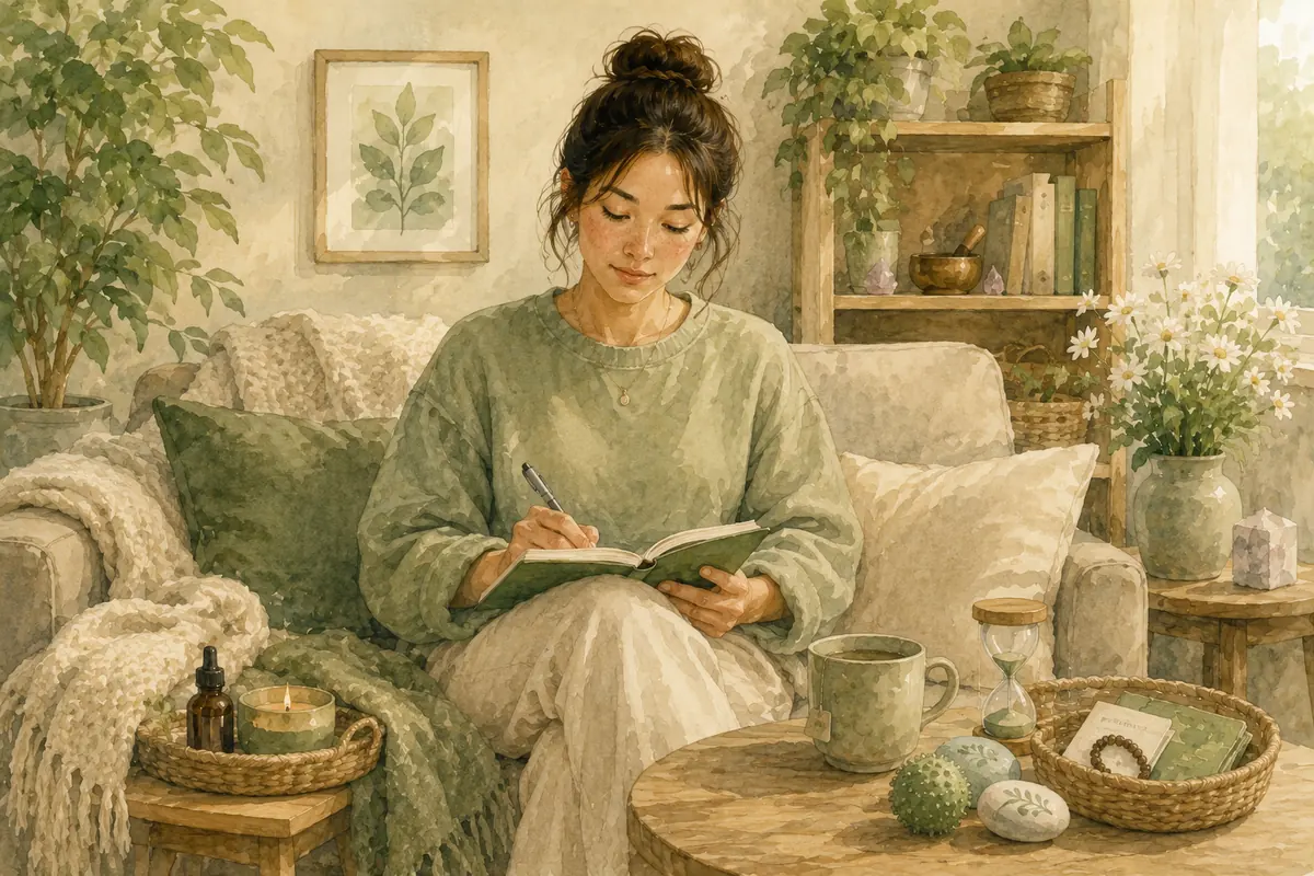 A young woman sits in a cozy living room writing in a journal, with a mug, candle, blanket, hourglass, and small grounding objects arranged on nearby tables.