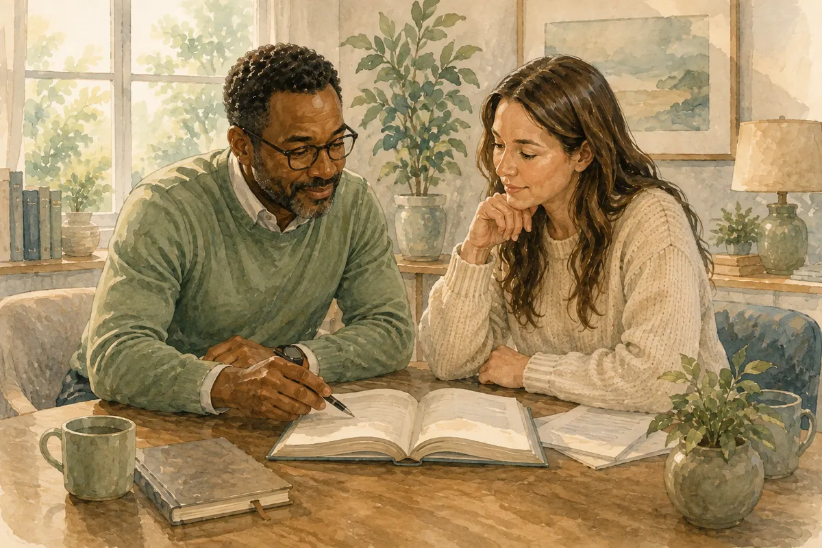 Two adults sit together at a wooden table reviewing an open book in a warm, plant-filled room with mugs, papers, and soft afternoon light.