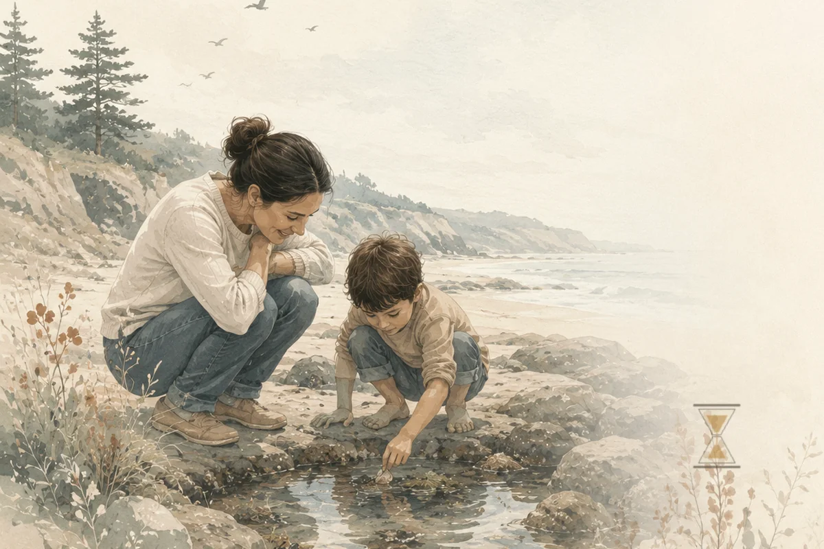 A parent watches patiently as a child studies a tide pool along a quiet shoreline, with an hourglass resting nearby as a subtle symbol of waiting.