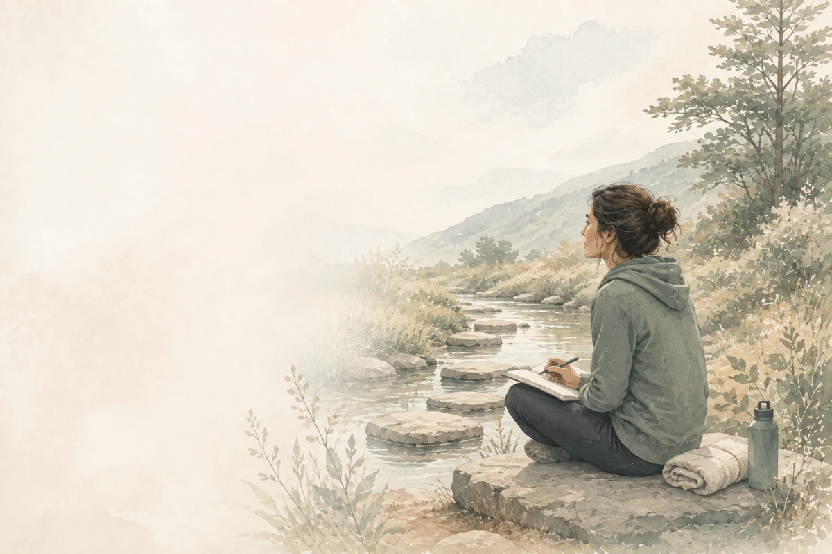 A woman sits beside a quiet stream with a journal, pen, water bottle, and folded blanket.