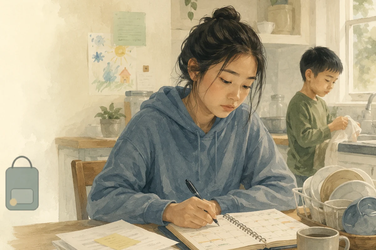 Two children work at a kitchen table with planners and school materials while a packed backpack rests nearby in a bright family home.