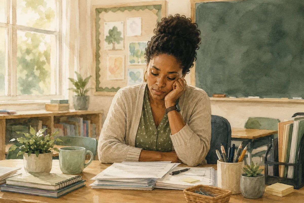A teacher sits thoughtfully at a classroom desk surrounded by papers, notebooks, plants, and a mug in soft daylight.