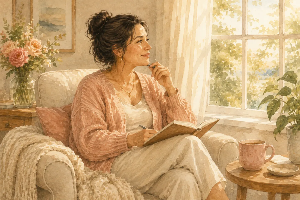 A woman sits in a bright chair by the window with an open journal and pen, pausing thoughtfully beside a mug and flowers.