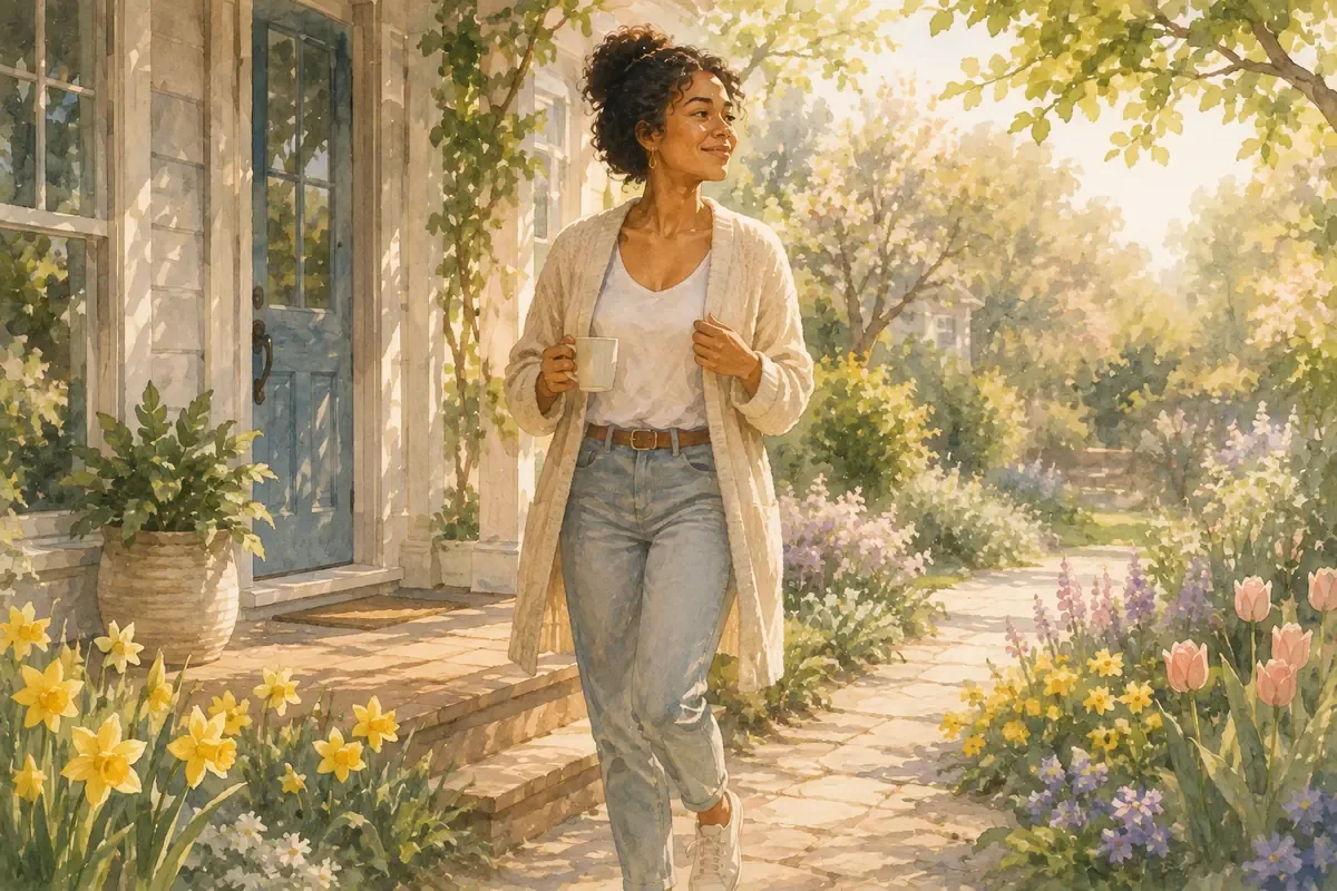 A woman steps out into a bright spring garden with a mug in hand, surrounded by daffodils, tulips, and soft morning light.