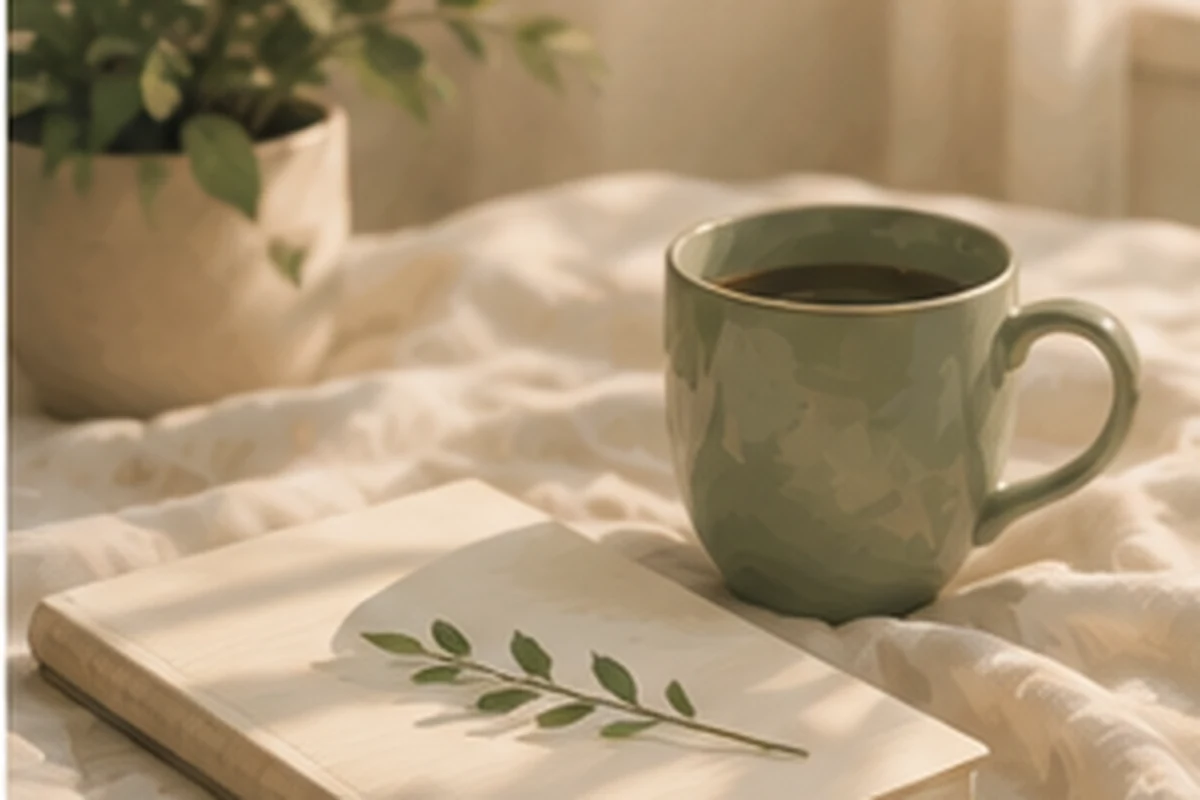 A ceramic mug rests beside a closed journal with a leafy sprig on soft bedding in warm morning light.