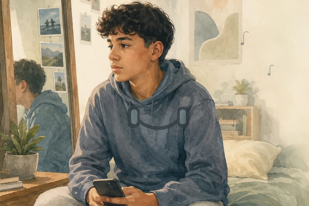 A teenage boy wearing a wireless earbud sits in a cozy bedroom holding his phone and looking thoughtfully across the room.