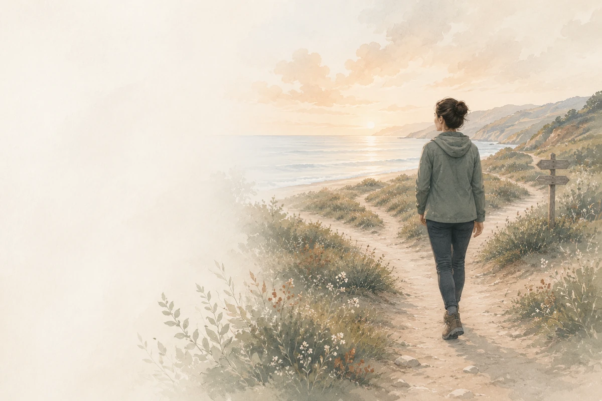A woman walks along a coastal path toward the early morning light with open landscape ahead.