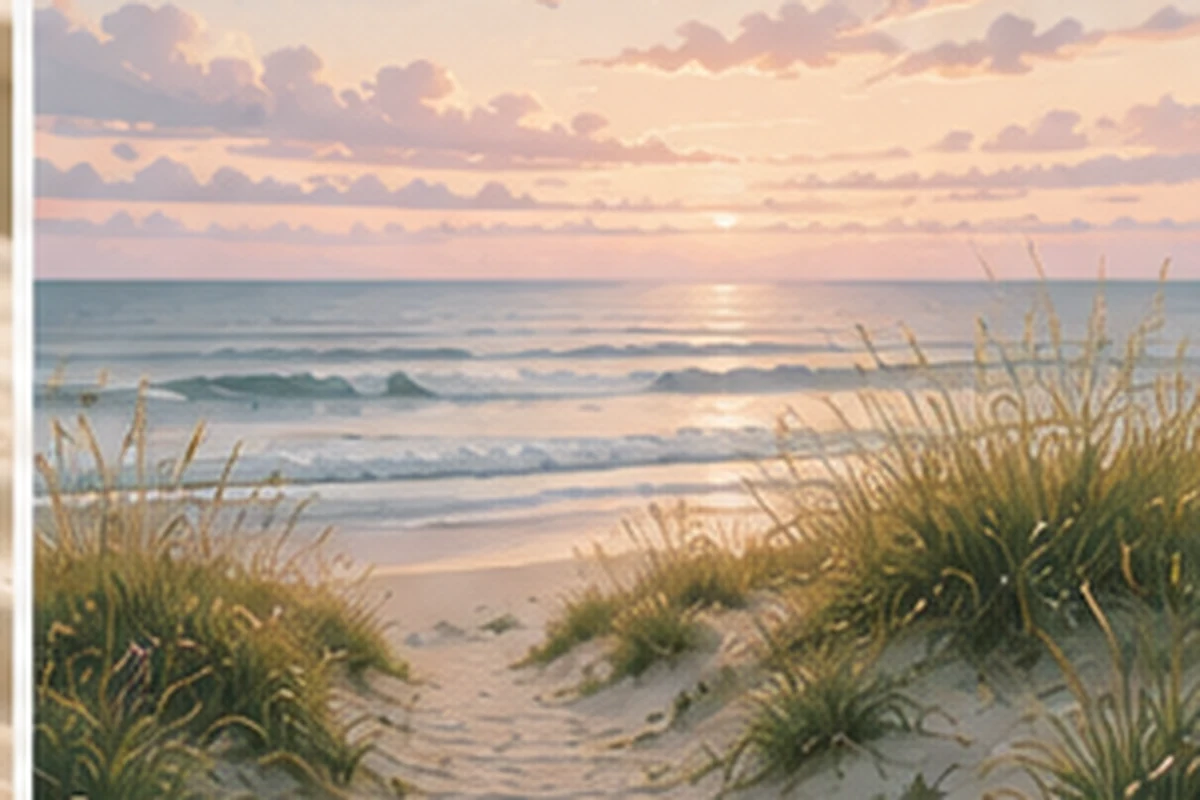 A sandy path winds through beach grass toward a calm ocean at sunrise beneath pale pink clouds.