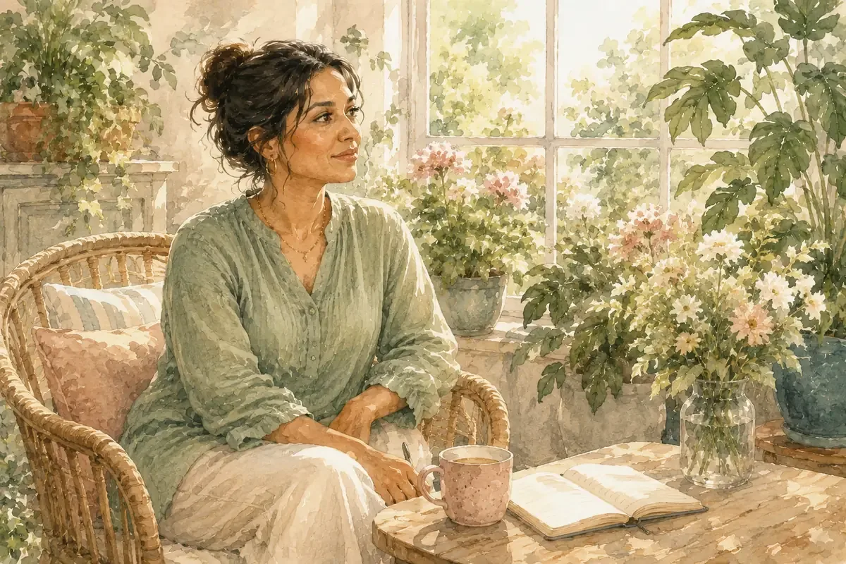 A woman sits quietly in a sunlit conservatory filled with plants and flowers, with a notebook and tea on the table beside her.
