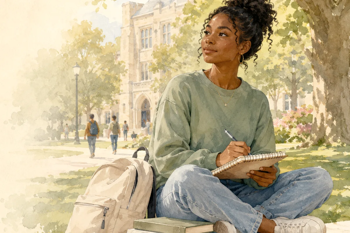 A teenage girl sits confidently on a campus lawn with a notebook, books, and backpack while groups of other students gather in the background.
