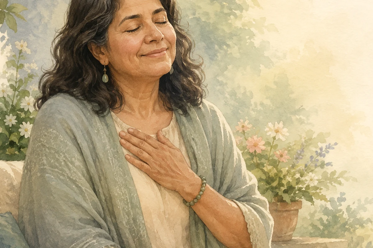 A middle-aged mother rests one hand over her heart in a flower-filled garden, pausing with a peaceful expression in warm daylight.