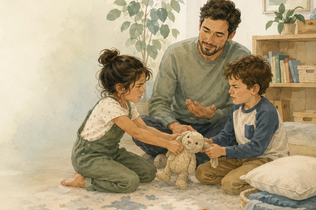 A father guides two children as they work through a disagreement over a stuffed toy in a softly lit playroom.