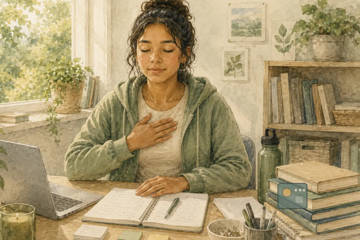 A young woman pauses at a study desk with books, a laptop, and a small fidget cube nearby, using a grounding breath before returning to her work.