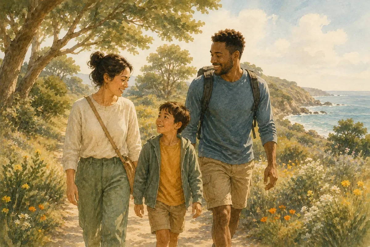 A family walks together along a coastal path lined with wildflowers and trees, with ocean views and warm golden light.