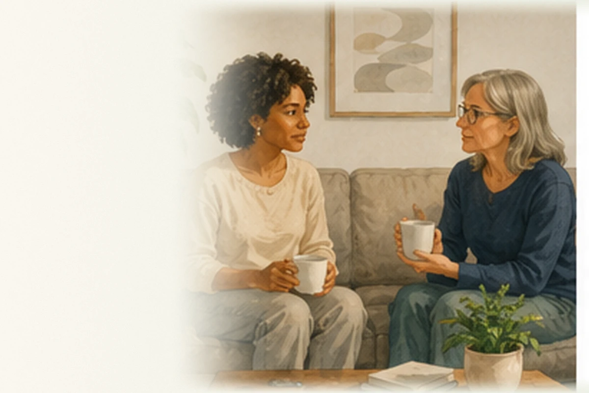 Two women sit together on a sofa with warm drinks, listening and talking in a calm home setting.