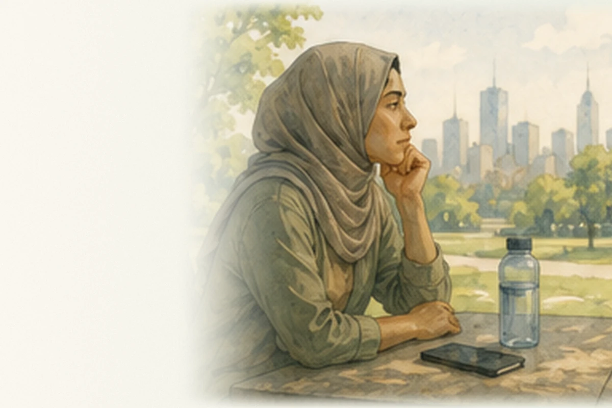 A young woman wearing a hijab sits thoughtfully at an outdoor park table with her phone set aside.