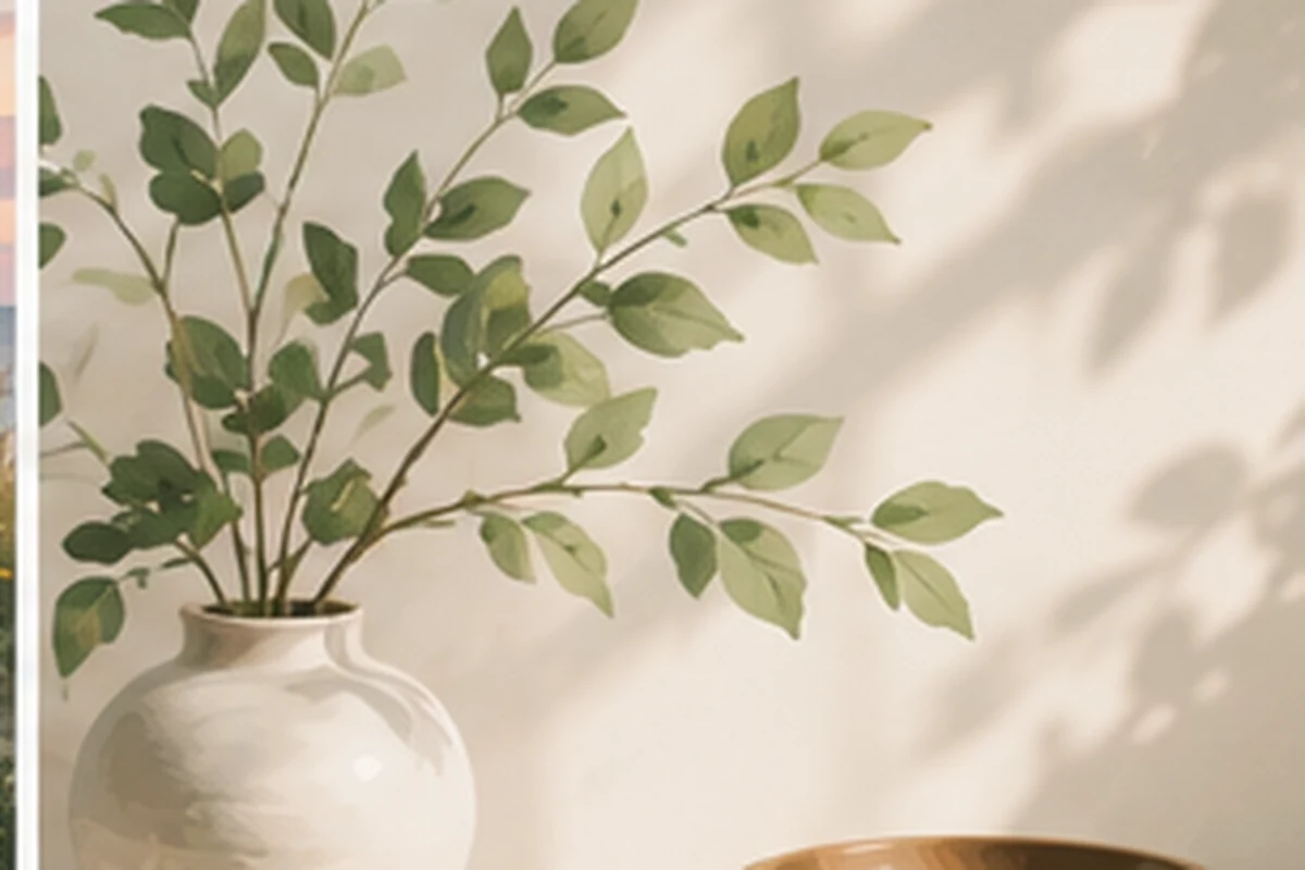 A simple white vase with green leafy stems casts soft botanical shadows on a warm neutral wall.