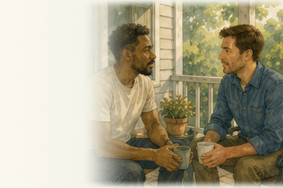 Two adult men of different racial backgrounds sit on a porch, speaking and listening closely to one another.