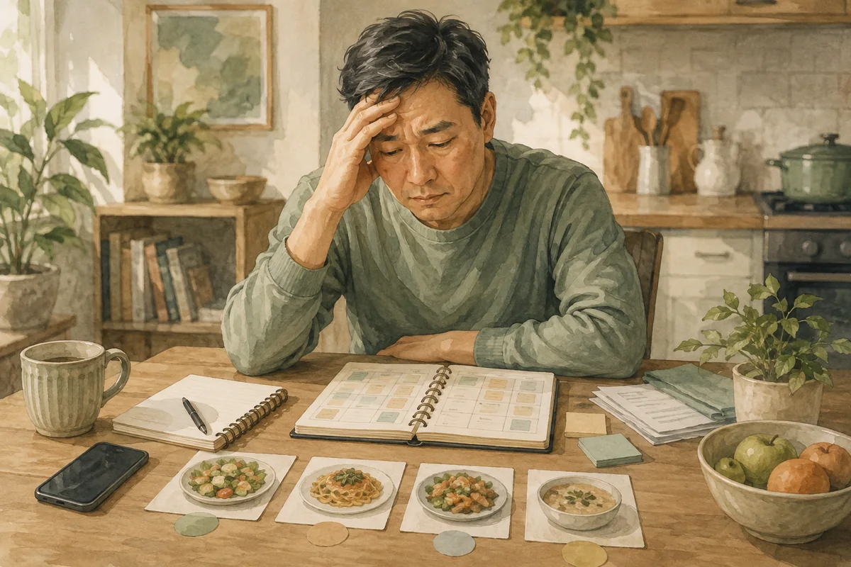 A man studies a planner and several everyday meal choices at a kitchen table, resting one hand against his forehead.