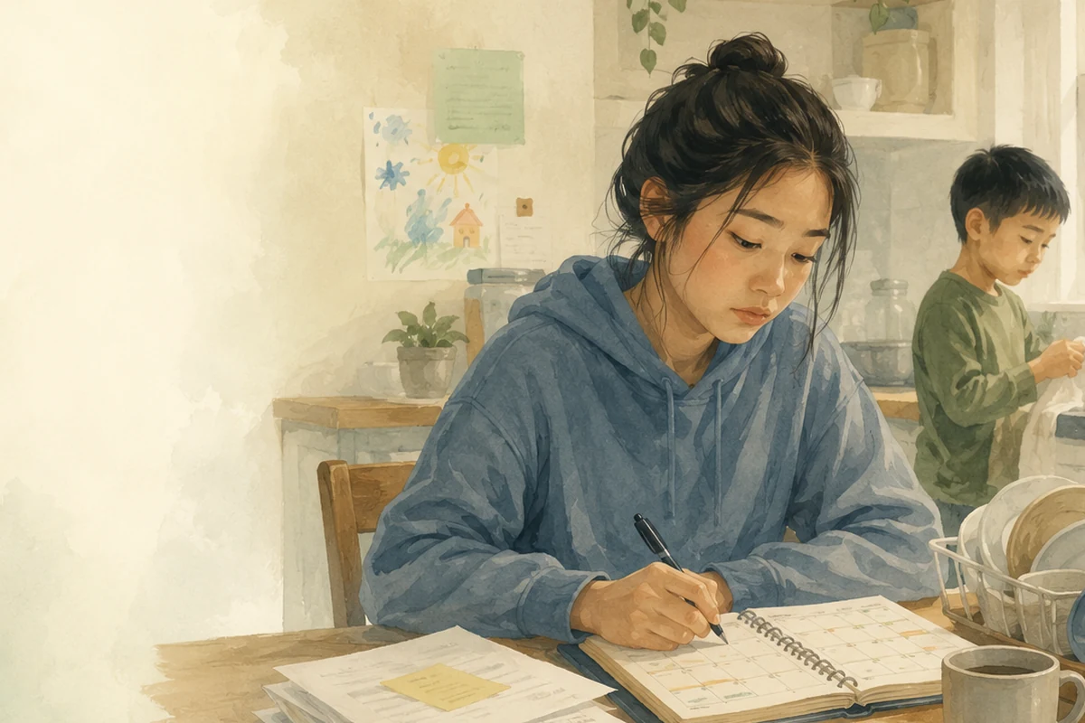 A preteen girl works carefully in a planner at a sunlit kitchen table while a younger child helps with dishes in the background.