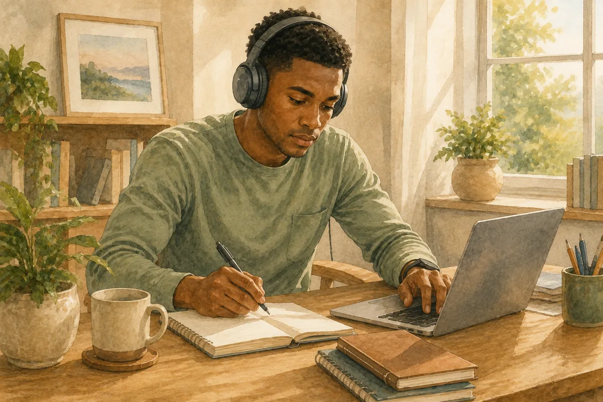 A man wearing headphones works at a wooden desk with a laptop and notebook in a bright room filled with plants.